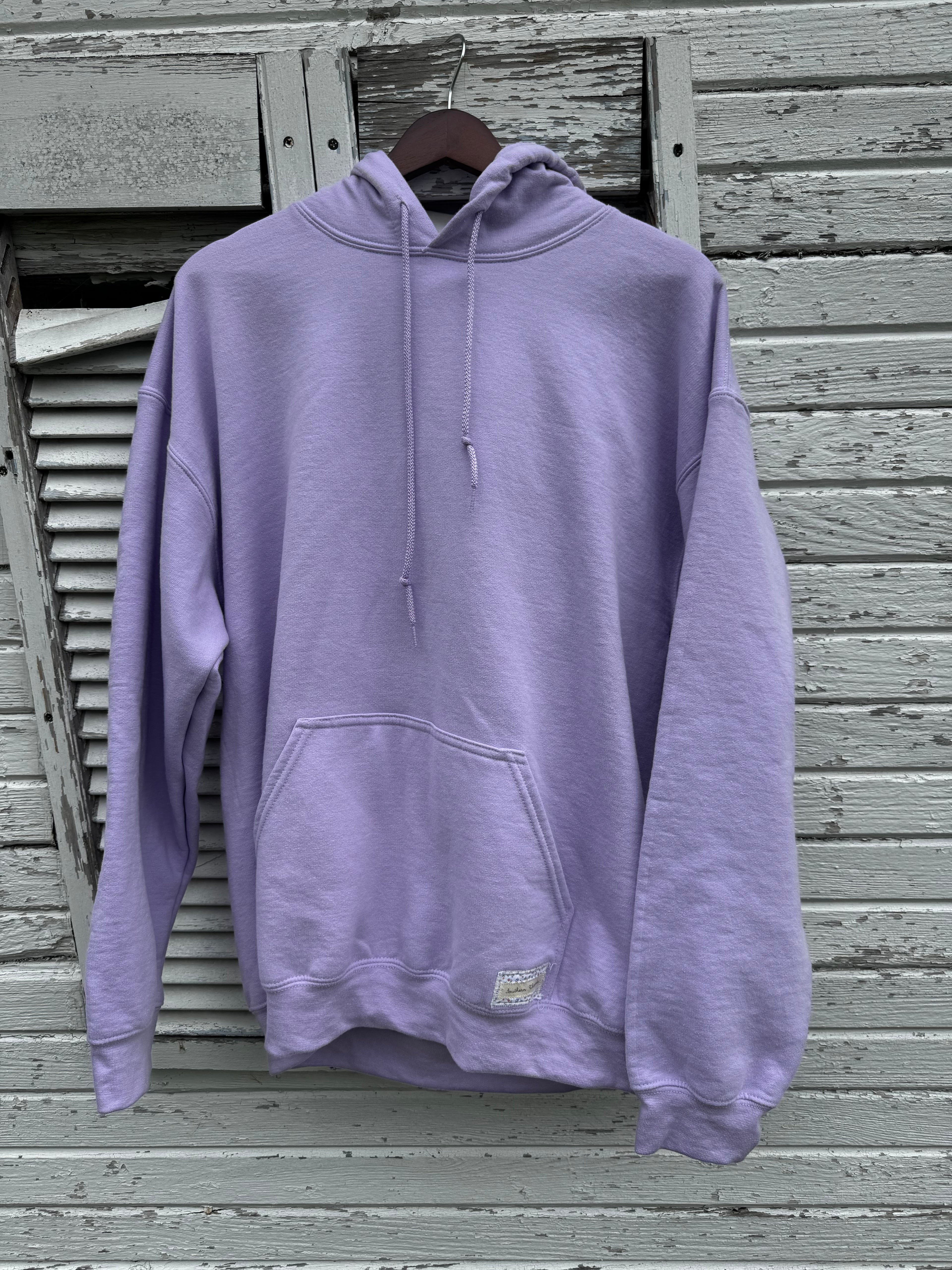 Large Orchid Purple Sweatshirt w/ Grandmas Flower Garden Patch