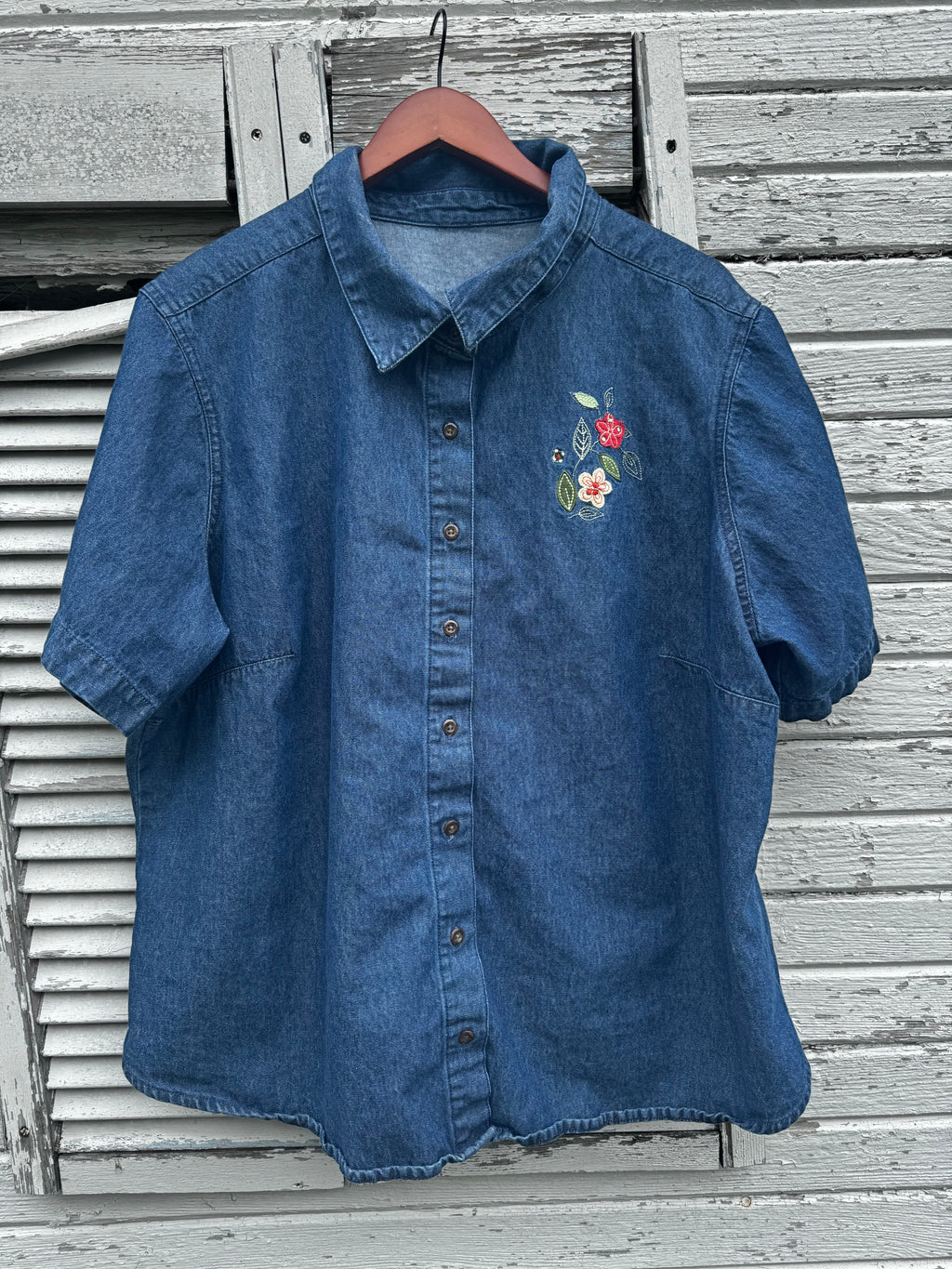 2XL Denim Shirt w/ Cross & Flowers