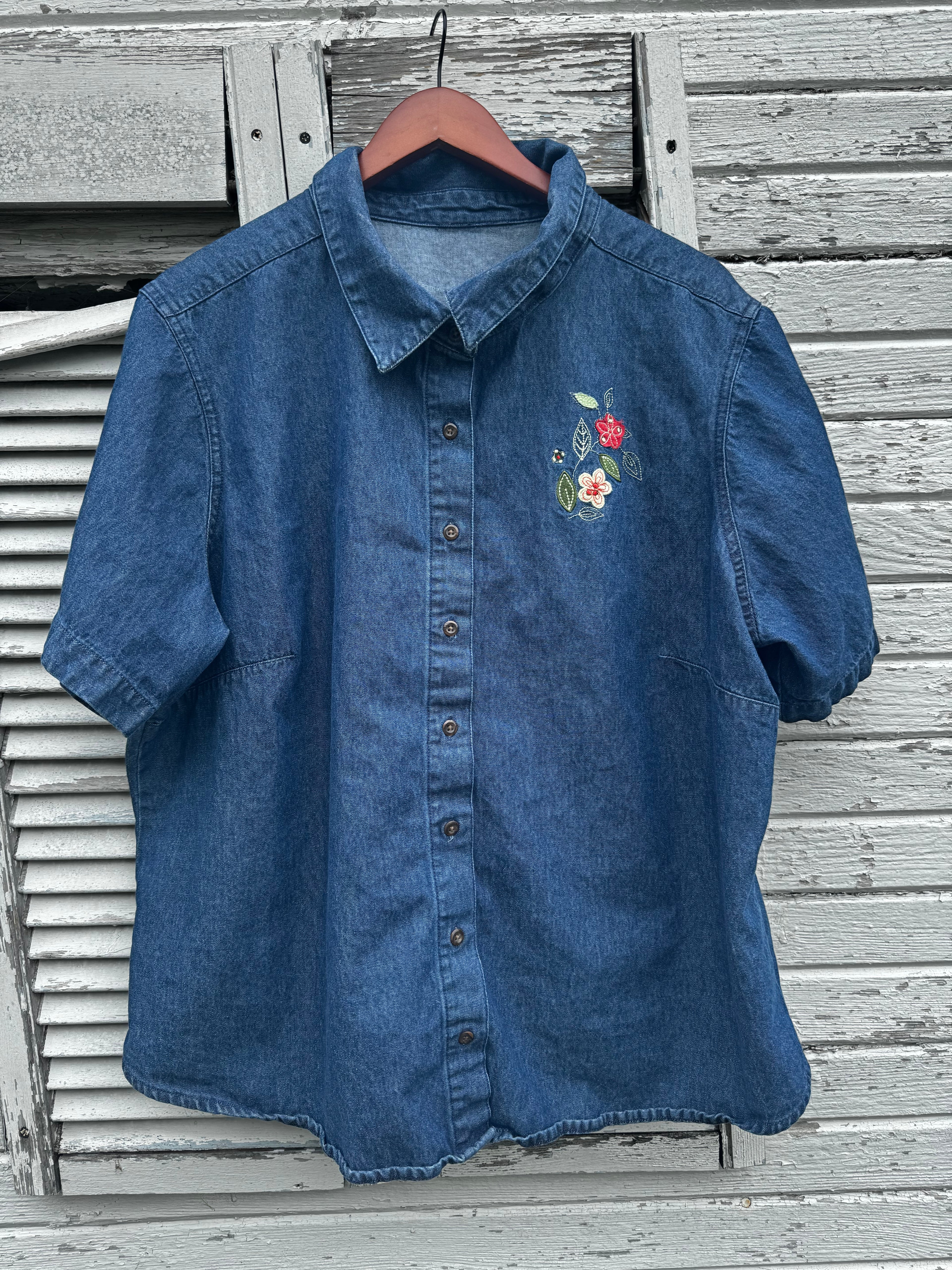 2XL Denim Shirt w/ Cross & Flowers