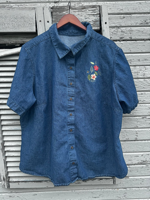 2XL Denim Shirt w/ Cross & Flowers