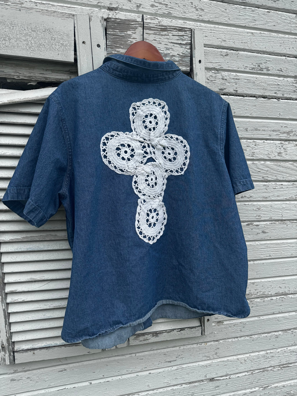 2XL Denim Shirt w/ Cross & Flowers
