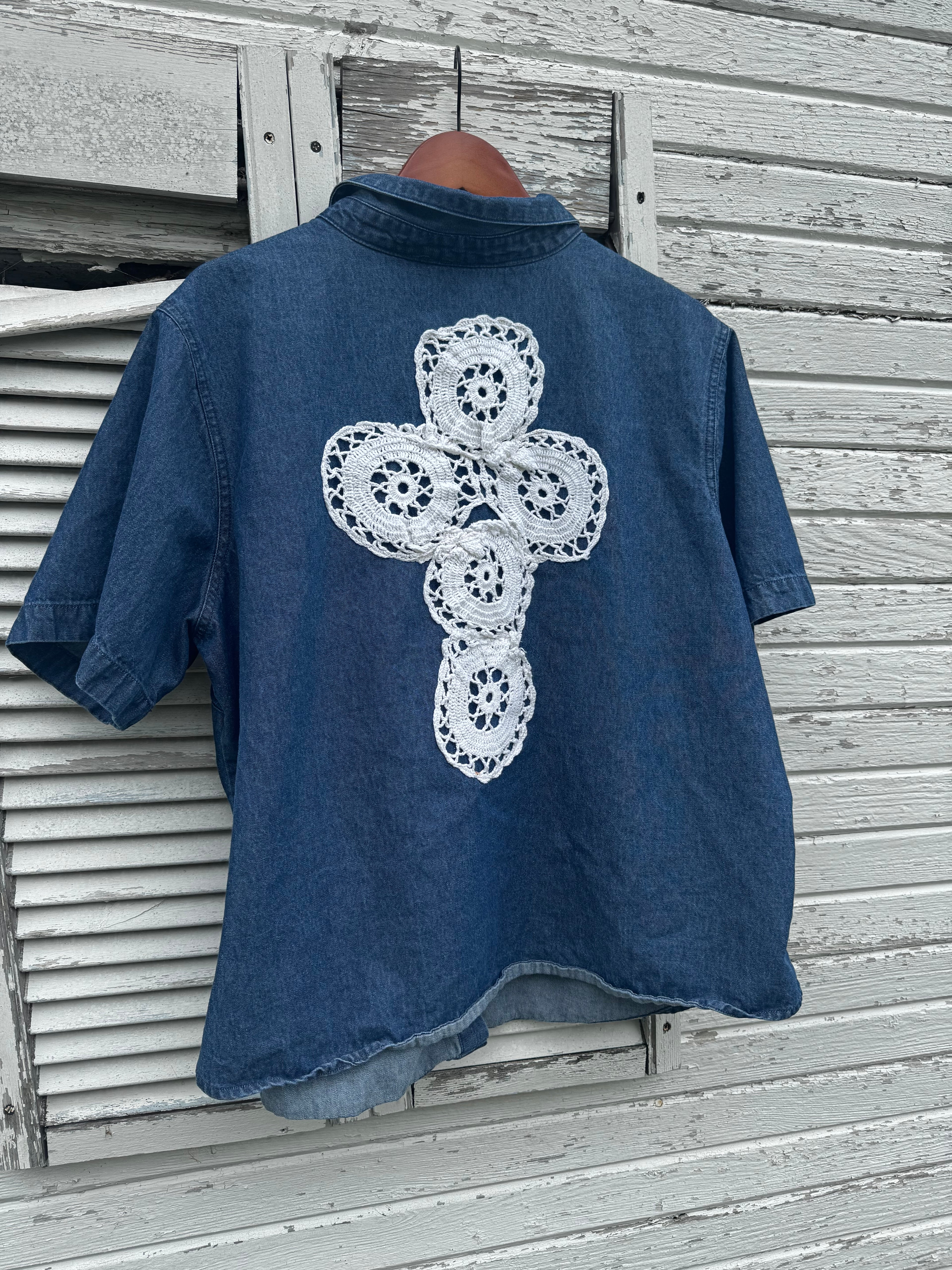 2XL Denim Shirt w/ Cross & Flowers